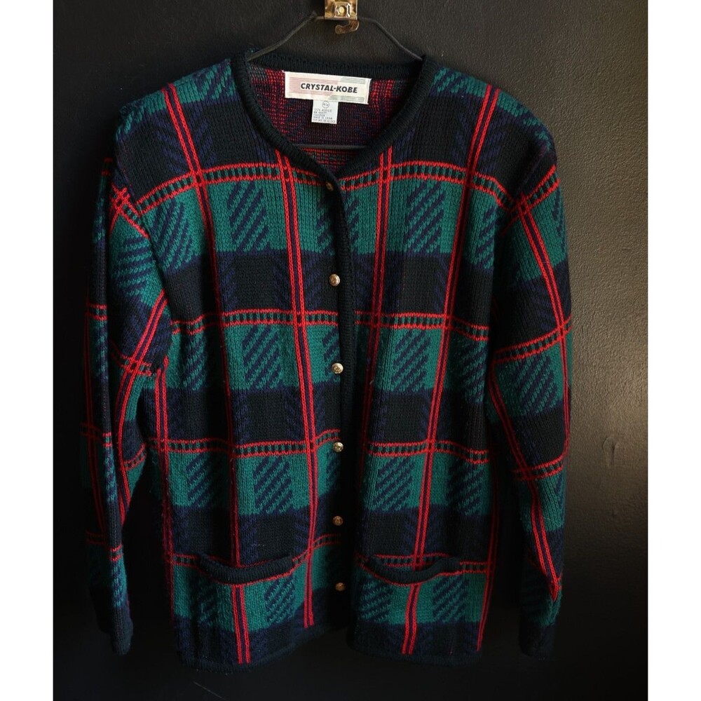 Vintage 80s 90s Retro Button Cardigan Red Green Plaid Christmas Holiday Cottage